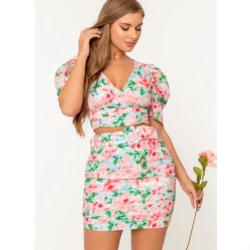 Floral Puff Sleeve Crop Top and Skirt Set